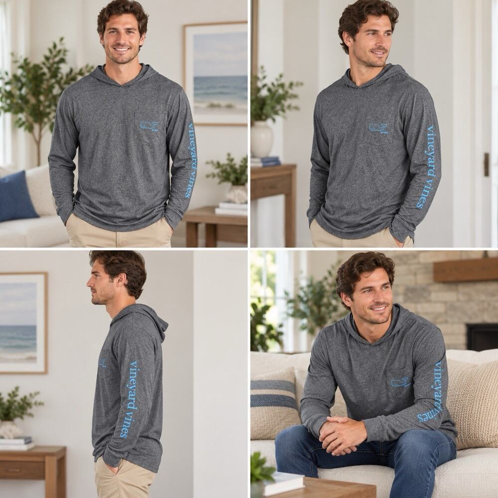 Vineyard Vines Men’s M Gray Hooded Long Sleeve Pocket T-Shirt Whale
